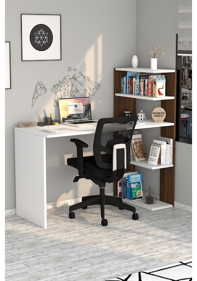 Moonlife Çınar Kitaplıklı Çalışma Masası Beyaz Ceviz Beyaz