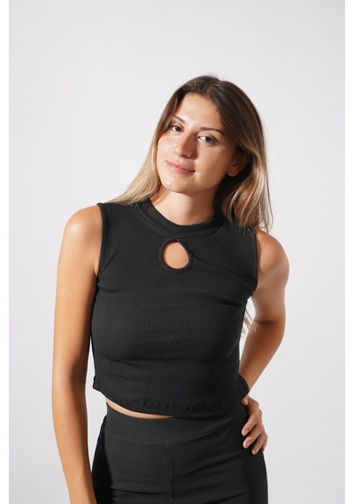 Ckm Moda Chester Yüksek Kalite Kadın Yaka Detaylı Fitilli Crop Örme Bluz Siyah