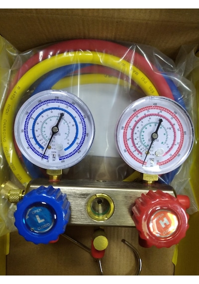 İkili Manifold Gaz Saati R22 R32 R134 R410 + 3 Adet 90Cm Hortum