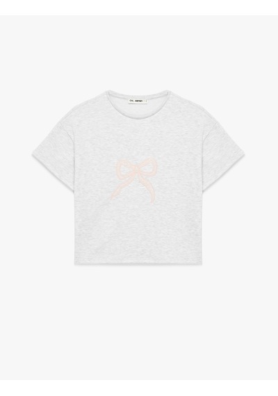 Koton Slim Fit Kısa Kollu Bisiklet Yaka Fiyonk Nakışlı Tişört Kar Melanj 6sal10701ık Gri Melanj