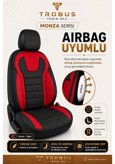Tofaş Doğan 1990+ Uyumlu Monza Serisi Sport Tay Tüyü Kadife Siyah Kırmızı Koltuk Kılıfı
