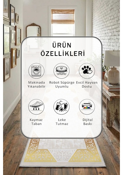 Dijital Baskılı Kaymaz Yıkanabilir Yolluk Krem