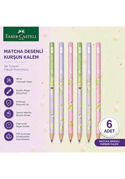 Faber-castell Matcha Desenli Kurşun Kalem 6 Adet 2b Yuvarlak Gövde Yeşil