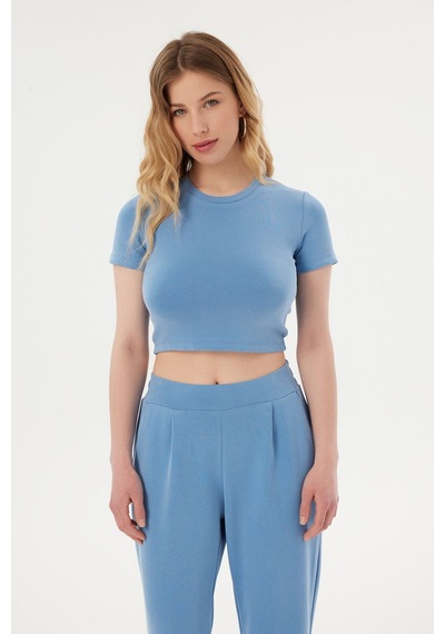 Hiccup Yuvarlak Yaka Temel Crop Top Mavi