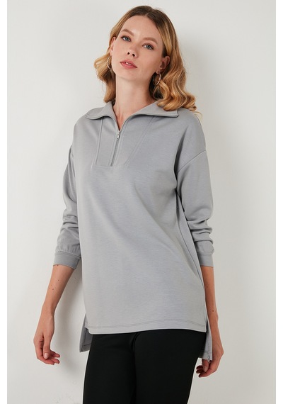 Lela Regular Fit Fermuarlı Yaka Önü Kısa Arkası Uzun Bayan Sweat 5865876 Gri