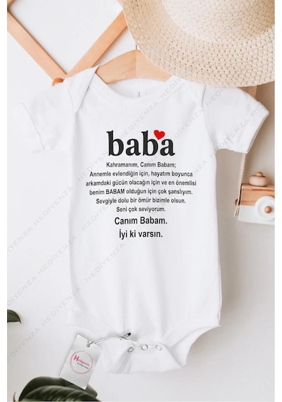Hediyenza Baba Kahramanım İyi ki Varsın Özel Tasarım Bebek Zıbın Pamuklu Çıtçıtlı Body Beyaz