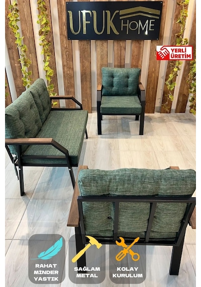 Ard & Garden 2 1 1 Balkon Takımı, Çay Seti, Metal Koltuk Takımı, Bahçe Takımı, Bahçe Mobilyası Koyu Yeşil