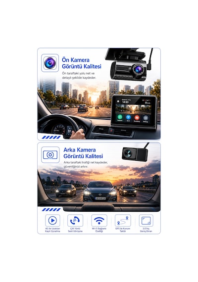 Bagajon 2k Max Araç İçi Kamera 4g Çift Kameralı Wifi Gps Uzaktan Canlı İzleme Gece Görüşlü G-sensör 24 Saat Park Modu