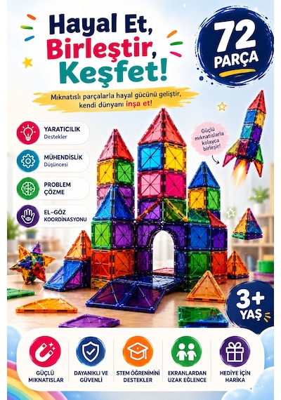 72 Parça Manyetik Yapı Blokları Eğitici Mıknatıslı İnşa Oyuncağı 3+ Yaş Çocuk Gelişim Oyuncağı
