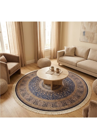 Safir 200 X 200 Yuvarlak İpek Halı Mavi