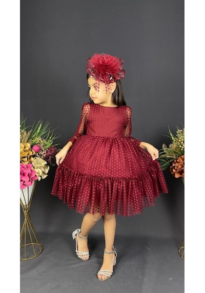 Mnk Baby & Kids Katkat Prenses Dantel Tokalı Kız Çocuk Elbise Bordo