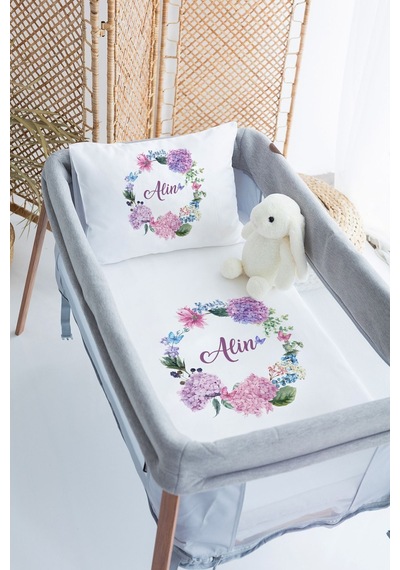 Lilabio %100 Pamuk Saten İsme Özel İsimli 70x120 Park Yatak Nevresim Seti Ortanca Çiçeği