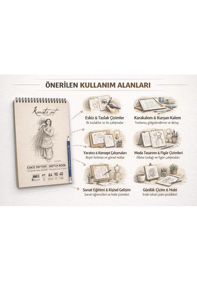 Lexroo A4 Eskiz Defteri, İnce Grenli, Kolay Silinebilir Ph Nötr Kağıt, Spiralli Sketch Book, 90 G/m² Çok Renkli