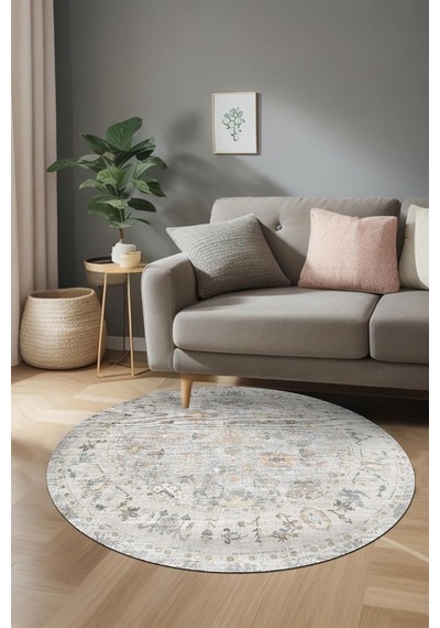 Kadife Kaymaz Pamuk Tabanlı Yıkanabilir Antibakteriyel Yuvarlak Salon Halısı 120x120 Çok Renkli