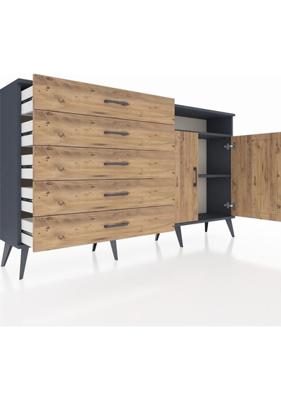 Arges Konsol 2 Raflı 5 Çekmeceli 2 Kapaklı 176x30x99 Antrasit-çam Antrasit-çam