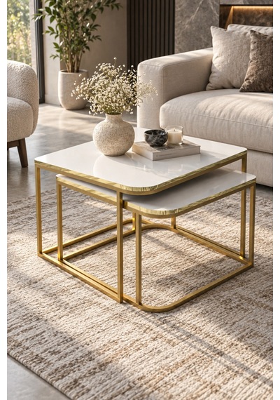 Sulorahome Damla İkili Orta Sehpa Seti Beyaz Ve Gold Altın - Beyaz