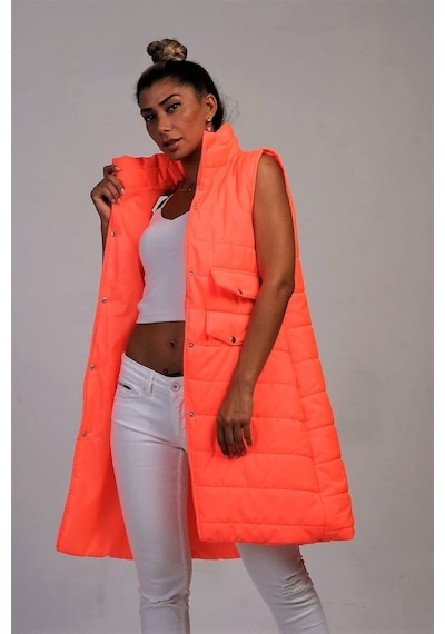Keyifli Moda Kadın Turuncu Dik Yaka Cep Detaylı Uzun Şişme Yelek