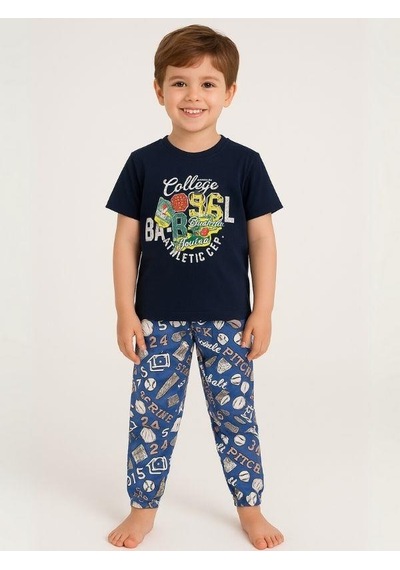 Zekids Erkek Çocuk Pamuklu Kısa Kol College Pijama Takımı-16061 Lacivert
