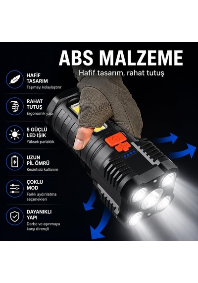 5 Led + Cob Süper Parlak Şarjlı El Feneri 14 Cm 4 Modlu, Güçlü Işık, Usb Şarjlı, Kamp, Av, Balıkçılık, Karavan, Acil Durum, Tamir, Araç, Yürüyüş Ve Outdoor Kullanımına Uygun Siyah