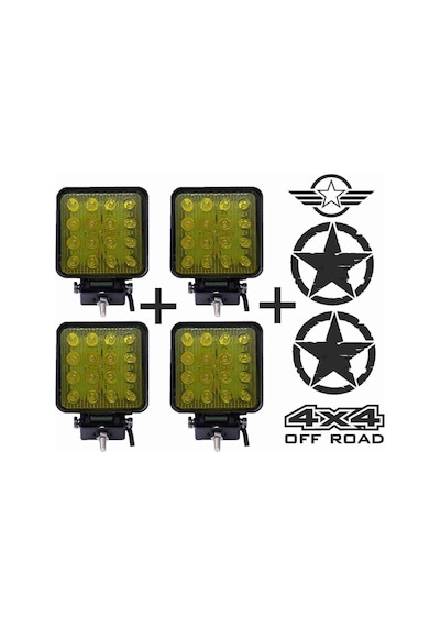 Off Road Sis Farı Sis Lambası 16 Led Kare 4'lü Paket Sarı