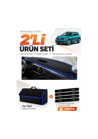 E-biz Volkswagen T-cross 2021-2023 Uyumlu Torpido Örtüsü + Tay Tüyü Çanta - Siyah-mavi - Vw031