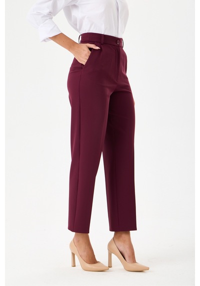 Velnara Moda Mürdüm Dar Paça Cepli Yüksek Bel Dokuma Kumaş Kadın Pantolon Bordo Mürdüm - 918311251 Bordo Mürdüm