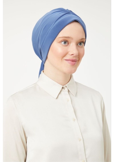 Melodi Scarf Kadın Tesettür Dubai Arkadan Bağlamalı Bone Şal Mavi Mavi