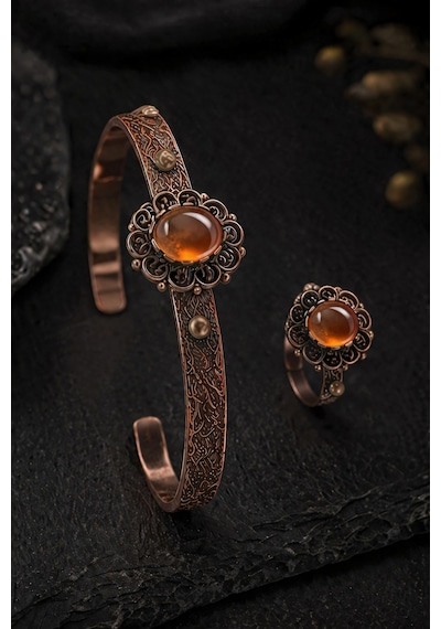 Kadın Bakır Bileklik Yüzük Set Doğal Turuncu Taşlı Otantik Model Set Diğer