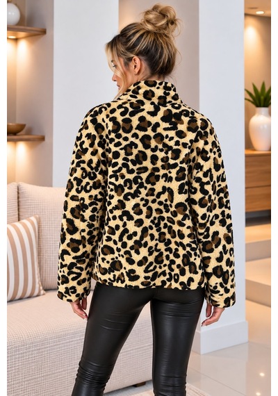 Lima Leopar Kadın Desenli Polar Ceket Fermuarlı Dik Yaka Oversize Kışlık Polar