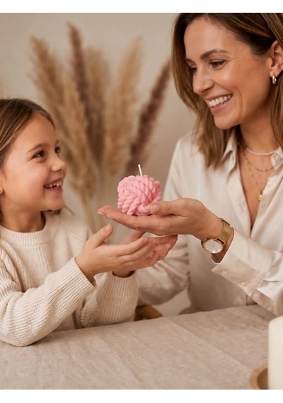 Mumelia Örgü Sıcaklığı - Doğal Soya Dekoratif Blok Mum - Küçük Boy - Pembe - 2'li