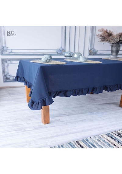 Dnc Home Tekstil  Lacıvert Keten Fırfırlı Masa Örtüsü Lacivert