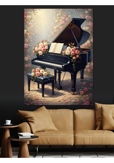 Ahşap Tablo Piyano Ve Çiçekler Müzik Teması
