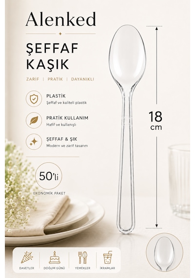 Şeffaf Plastik Kaşık 18 Cm 50 Li Paket