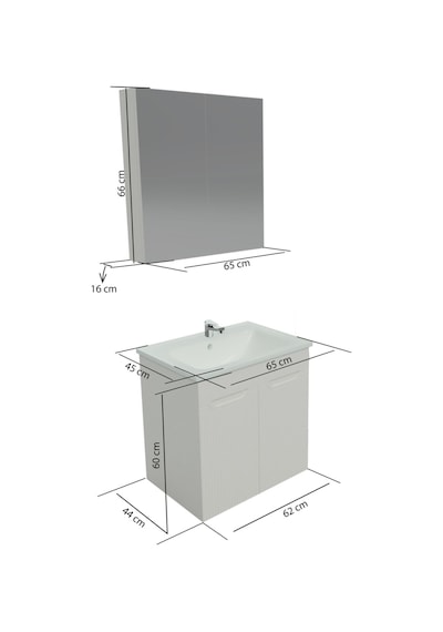 Banyo Dolabı Aynalı Cnc İşlemeli Membran Kapaklı 65 Cm Gri