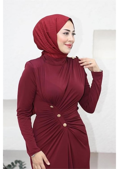 Neşeli Butik Kadın Likralı Düğme Detaylı Tesettür Elbise Nms046 Bordo