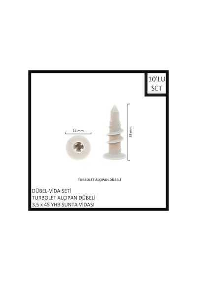 Dübel-vida Seti, Turbolet Alçıpan Dübeli, 3,5x45 Yhb Sunta Vidası, 10 Adet