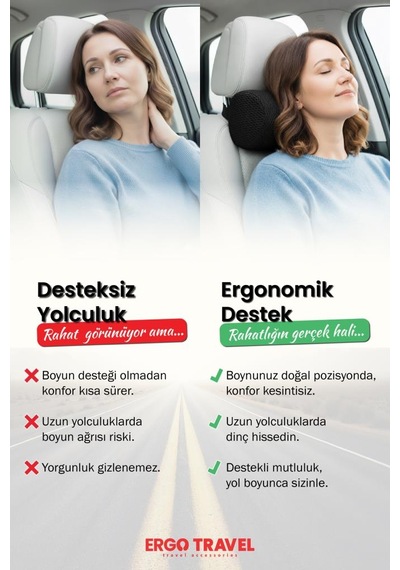 Carfort Küçük Visco Araç Boyun Yastığı Ortopedik Oto Koltuk Boyun Desteği Siyah - Ergo Travel
