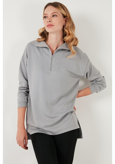 Lela Regular Fit Fermuarlı Yaka Önü Kısa Arkası Uzun Bayan Sweat 5865876 Gri