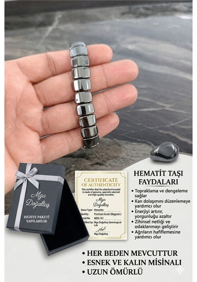 Hematit Bileklik - Doğal Hematit Taşı Bileklik - Sertifikalı Ürün Gri Gri