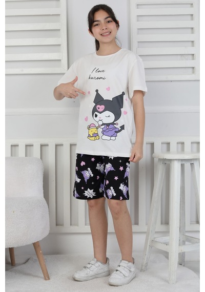 I Love Kuromi Baskılı Kısa Kollu Şort Pijama Takımı Beyaz