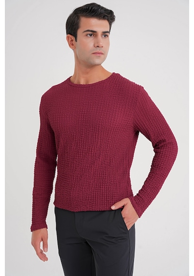 Efor Slim Fit Esnek Pamuklu Dokulu Kumaş Uzun Kollu Bordo Tişört Ts 934