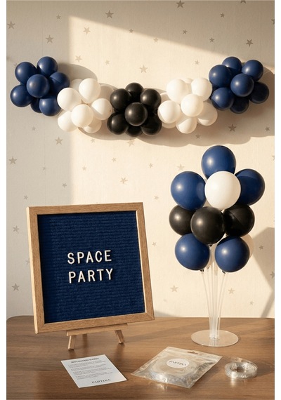 Uzay Temalı Doğum Günü Süsleme Deluxe Set Koyu Mavi Keçe Yazı Panosu Standlı Pompa Balon Zincirli 7 Li Şeffaf Balon Standlı 3 - 7