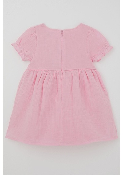 Breeze Kız Çocuk Elbise Çiçek Nakışlı Kolları Lastikli Fiyonk Aksesuarlı 1-4 Yaş , Pembe