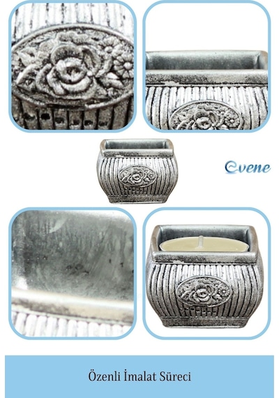 Eskitme Mumluk Şamdan Tealight Mum Uyumlu Mini Çizgili Çiçekli Model - Gümüş Eskitme