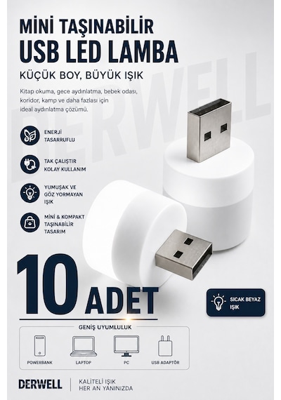 10 Adet - Bebek Ve Çocuk Odaları İçin Mini Taşınabilir Usb Led Lamba Powerbank Laptop Pc Uyumlu Tak Çalıştır Mikro Gece Aydınlatma Lambası Bebek Odası Koridor Kamp Için Yuvarlak Küçük Kompakt Ampul