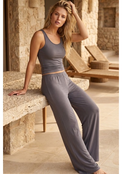 Siyah İnci Geniş Askılı Viskon Örme Pijama Takım 8012 Gri