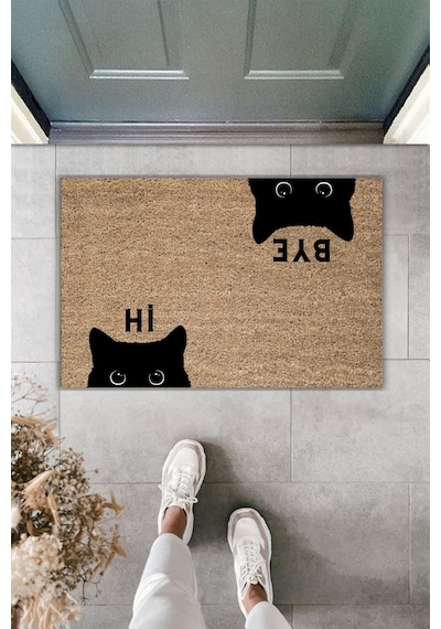 Rugmood Modern Dijital Baskı Paspas - Hi, Bye Kedi - Kapı Önü Paspası 70x45cm Kahverengi