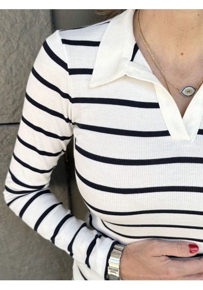 Polo Yaka Çizgili Kaşkorse Bluz - S504447 Çok Renkli Polo Yaka Çizgili Kaşkorse Bluz - S504447 Çok Renkli