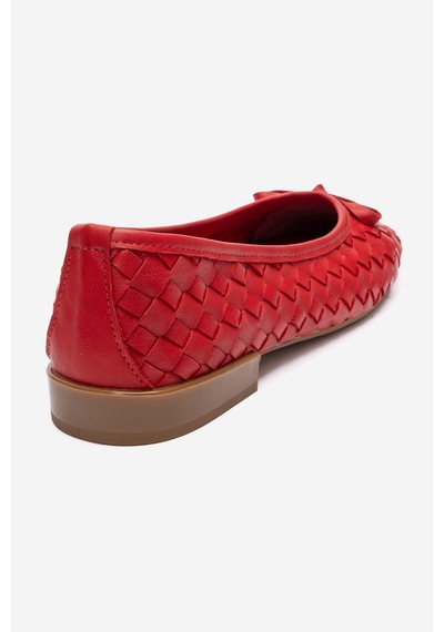 Luvishoes Garen Kırmızı Örgü Hakiki Deri Fiyonklu Kadın Babet Ayakkabı
