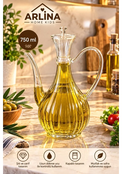 750 Ml Çizgili İbrik Model Cam Yağlık Şeffaf